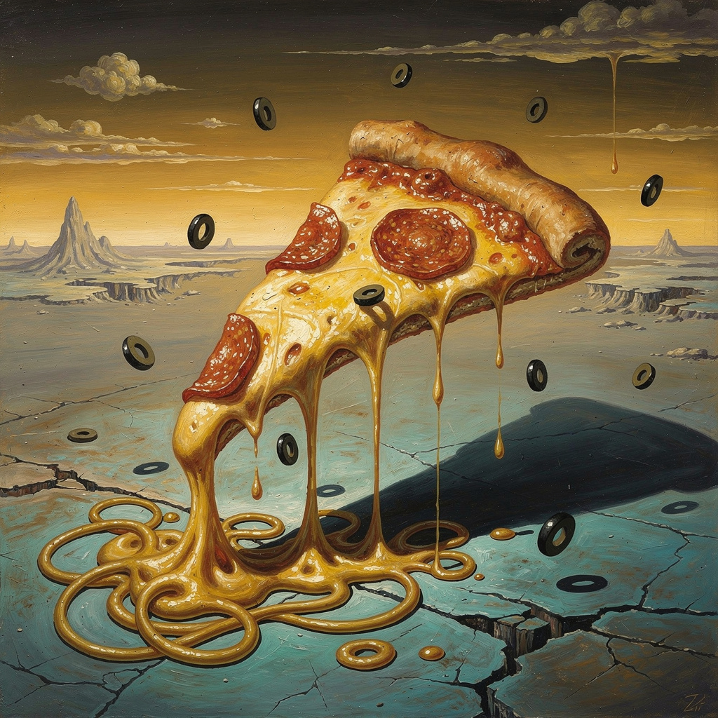 A surreal, Dali-esque slice of pizza — molten cheese stretching into impossible forms against a dark void